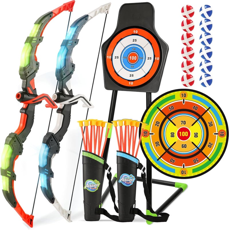 Handwell 2 Pack Bow and Arrow Set with 29in Large Dart Board, LED Light Up Archery Set for Kids with 20 Suction Cup Arrows&12 Sticky Balls Standing Target Indoor Outdoor Toys Must Have for Boys Girls 3-12 yo - Image 1